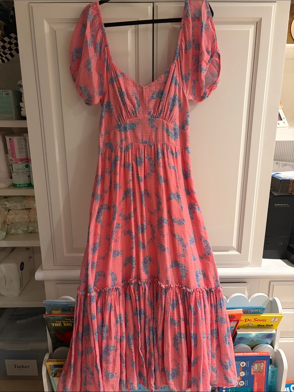 LoveShackFancy Pink Floral Puff-Sleeve Maxi Dress with Blue Accents